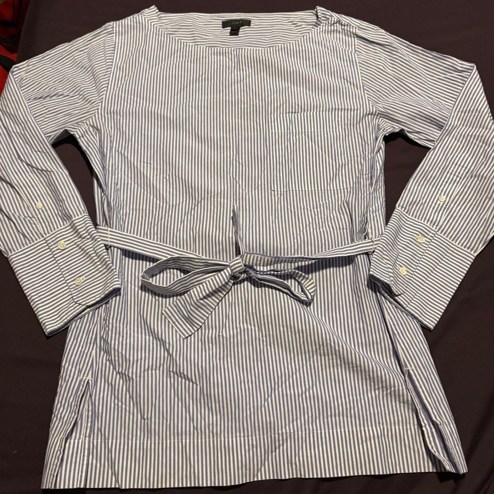 J.Crew Blue White Striped Cotton Poplin Tie Waist Tunic Blouse Womens Size‎ 6